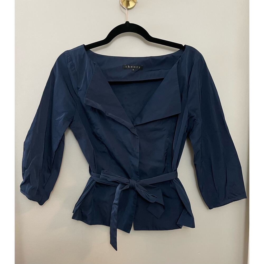 Theory‎ Capsule Elegant Modern Minimalist Classic Tie Waist Navy Top or Jacker M - Picture 2 of 6